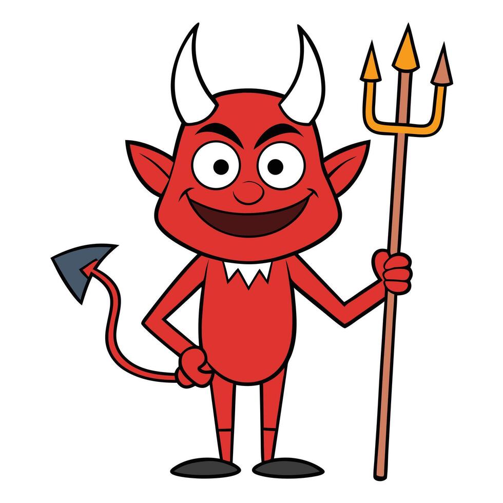 Cartoon red devil holding trident with horns and tail isolated on white vector