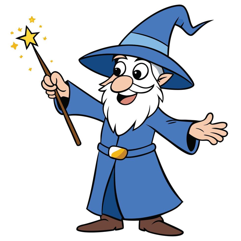 Cartoon wizard character holding magic wand with stars isolated on white background vector