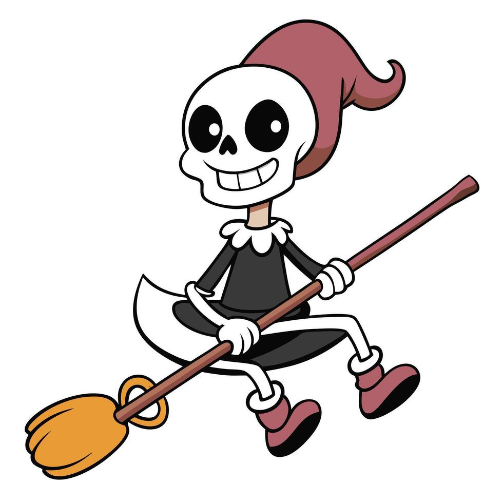 Cartoon skeleton witch flying on a broomstick halloween illustration vector