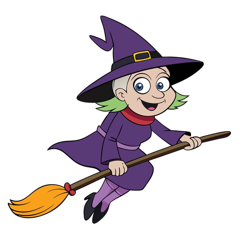 Cartoon witch flying on broomstick halloween character illustration vector
