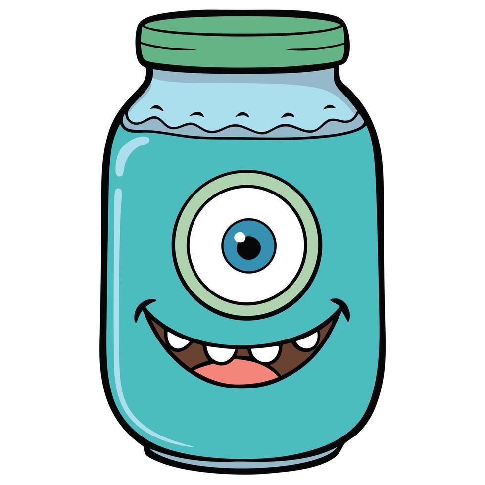 Cartoon one eyed monster in a jar happy blue liquid creature vector