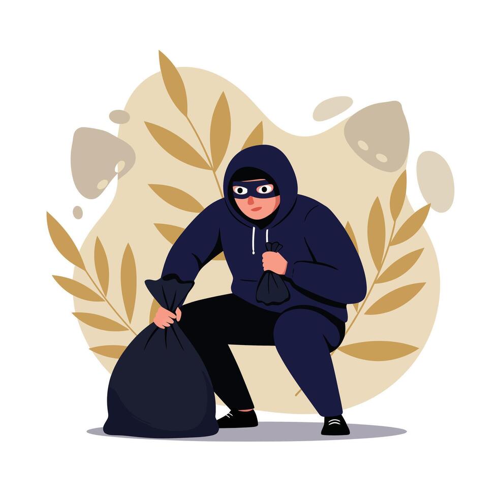 Burglar in black hoodie and mask stealing bags with leaves in background illustration vector