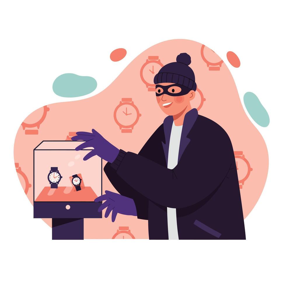 Thief stealing watches from display case in burglary scene illustration vector