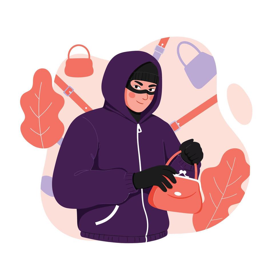 Hooded person stealing a purse from handbag with gloves and mask in flat style illustration vector