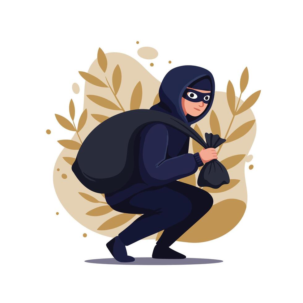 Burglar Wearing Black Clothes and Mask Carrying Large Sack and Small Bag Stealing Illustration vector