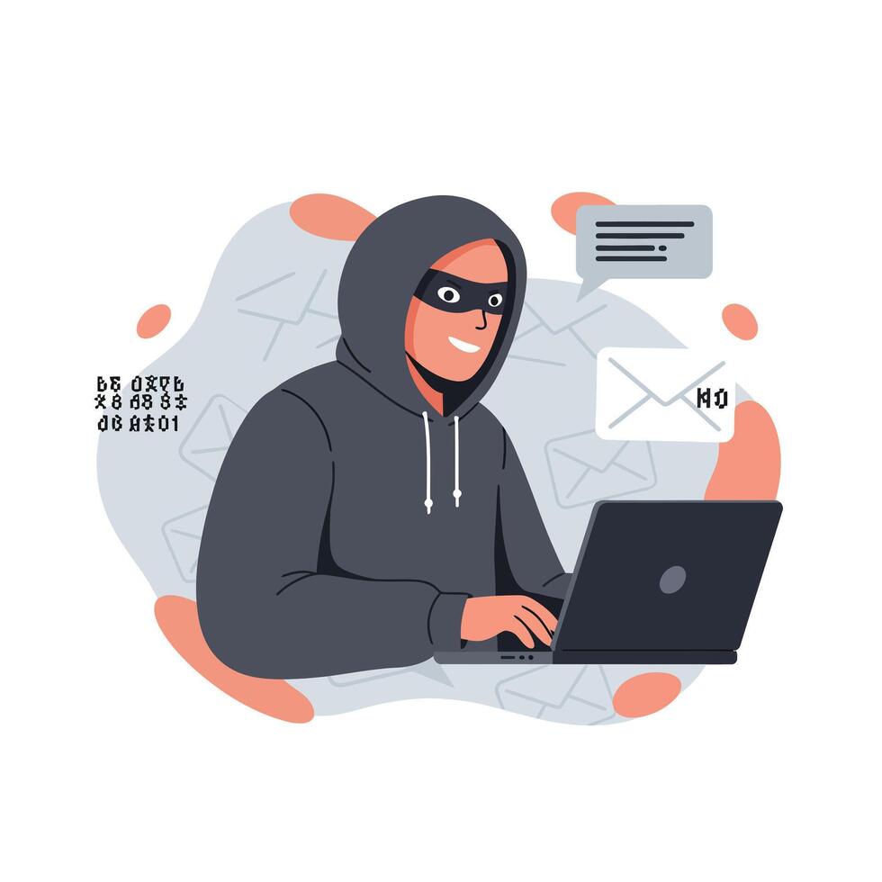 Hacker wearing hoodie using laptop for cybercrime and email hacking illustration vector