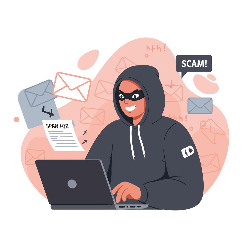 Hacker in hoodie working on laptop sending scam and spam emails with digital security warning illustration vector