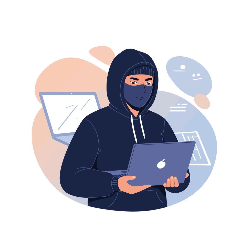 Hacker in dark hoodie with laptop coding cybersecurity and digital data protection illustration vector