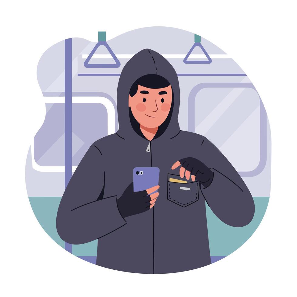 Person in black hoodie stealing wallet on public transport using phone illustration vector
