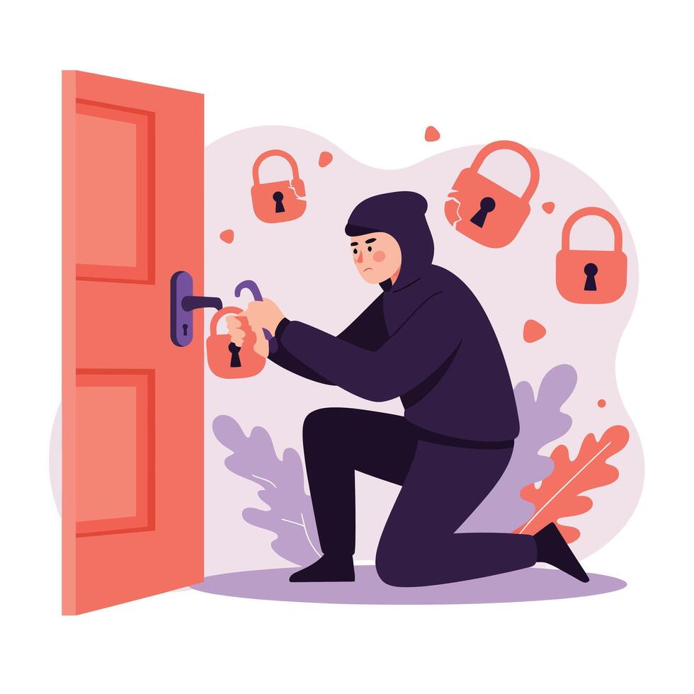 Burglar opening locked door with key in security break-in scene illustration vector