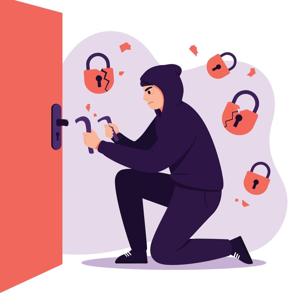 Burglar in black hoodie picking lock on orange door with broken padlocks illustration vector