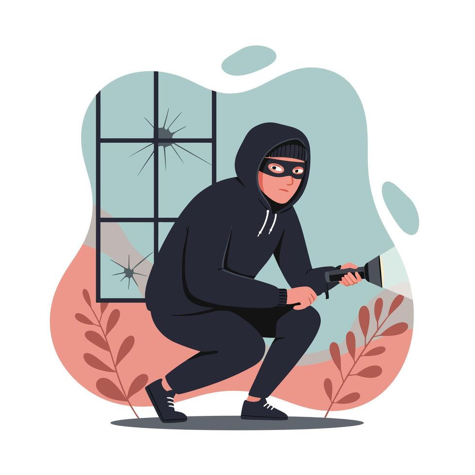 Burglar in black hoodie crouching with flashlight near broken window security breach concept vector
