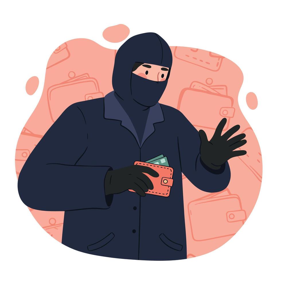 Person Wearing Black Mask and Coat Stealing Wallet with Money Theft Concept Illustration vector