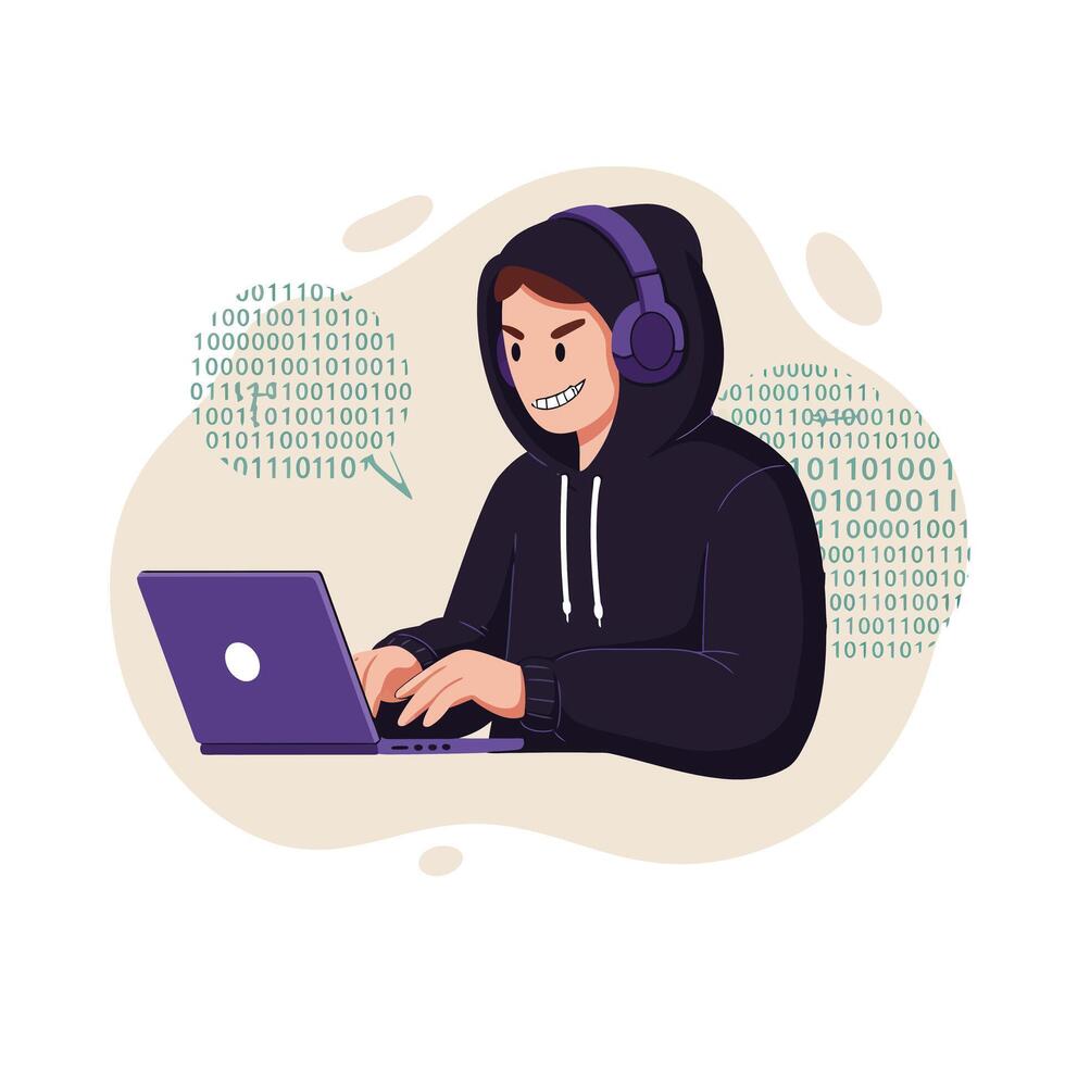 Hacker in black hoodie with headphones typing on laptop surrounded by binary code illustration vector