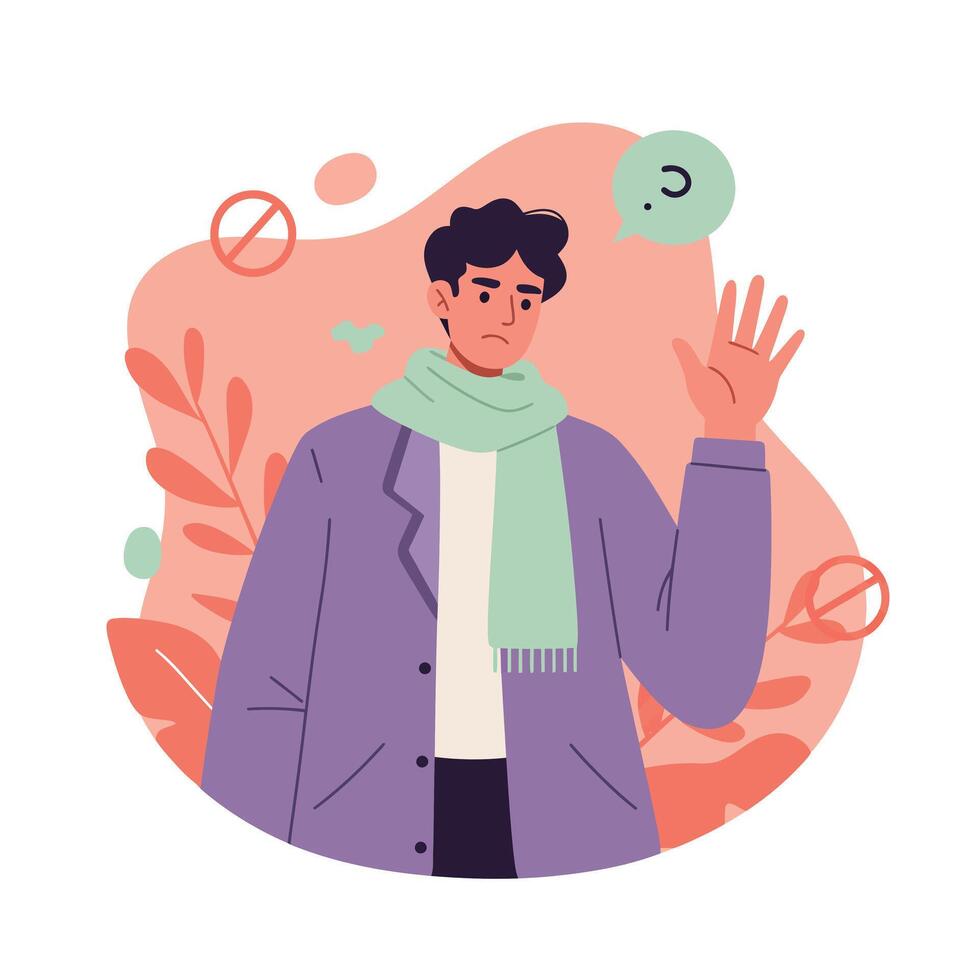 Young man with purple coat and green scarf showing stop gesture and confused expression illustration vector