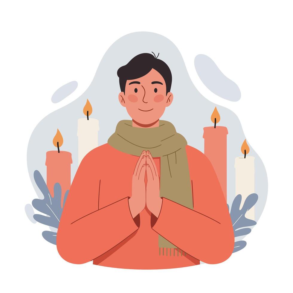 Man in orange sweater with scarf praying with lit candles and foliage background illustration for peaceful meditation or spiritual calmness vector