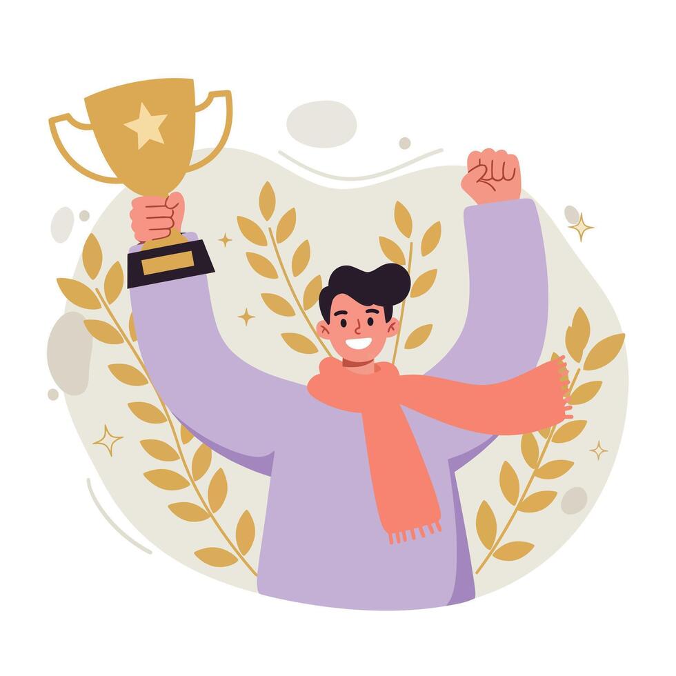 Person celebrating victory holding golden trophy with star symbol in autumn setting illustration vector