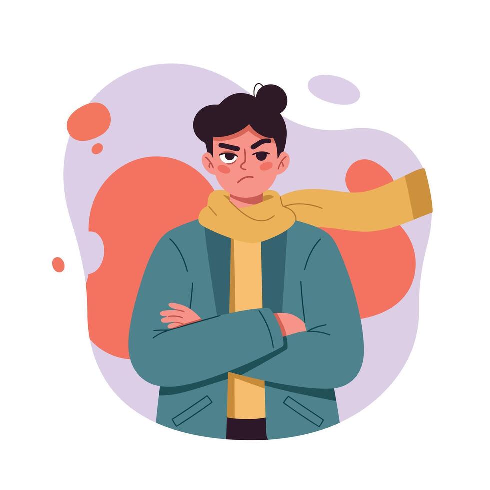Young man wearing yellow scarf and teal jacket with crossed arms expressing anger or frustration in modern illustration vector