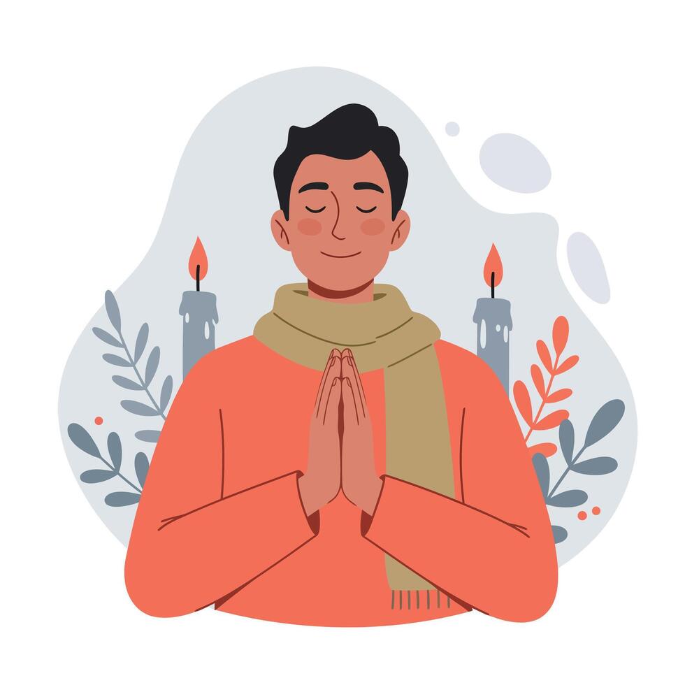 Man Meditating Calmly with Hands Together Wearing Scarf and Orange Sweater in Relaxing Environment vector