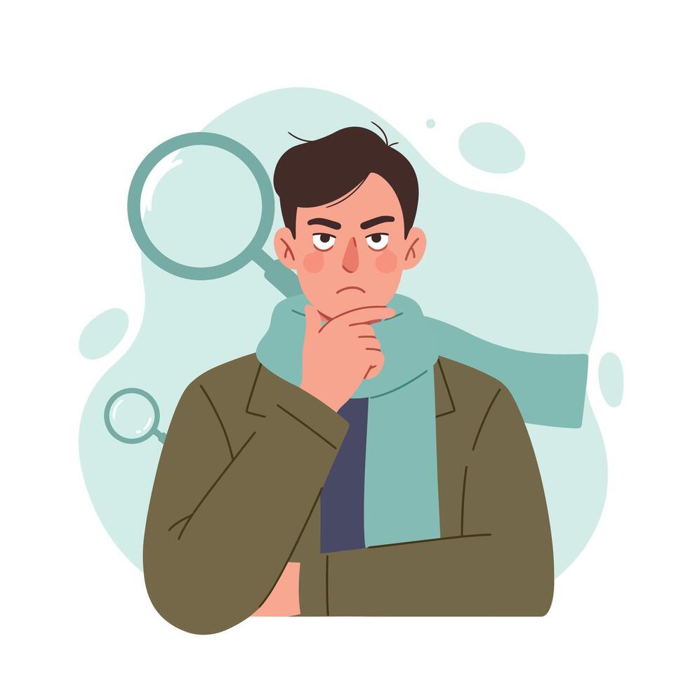 Young man with scarf thinking and holding chin with magnifying glass background illustration vector