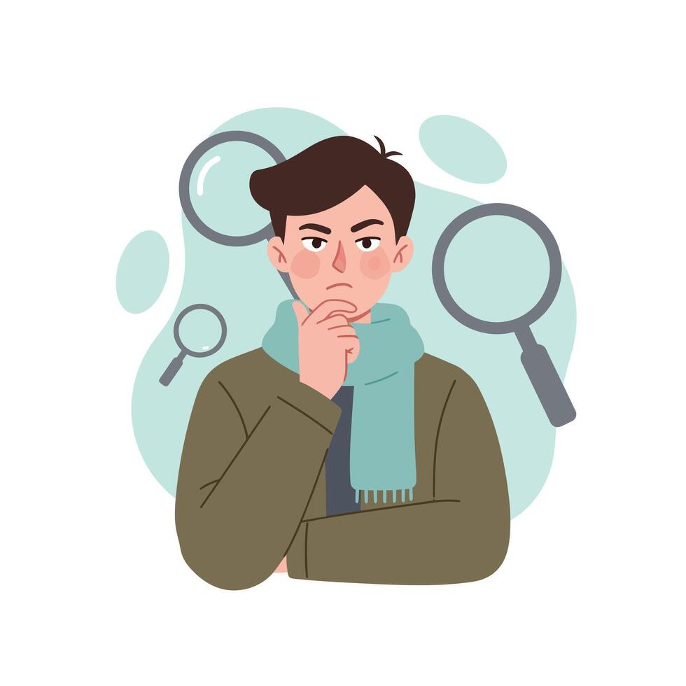 Young man in thoughtful pose with magnifying glasses in background illustration vector