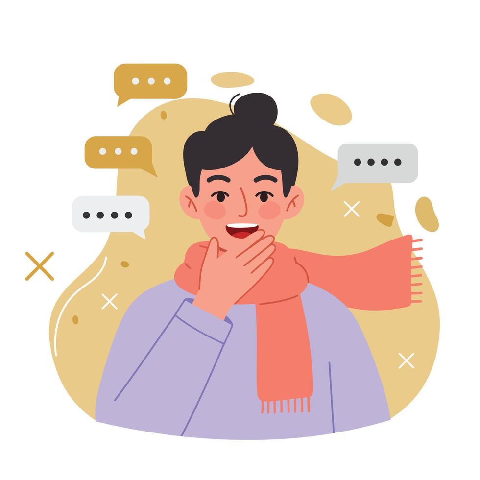 Young person with scarf smiling and chatting in casual winter wear illustration vector