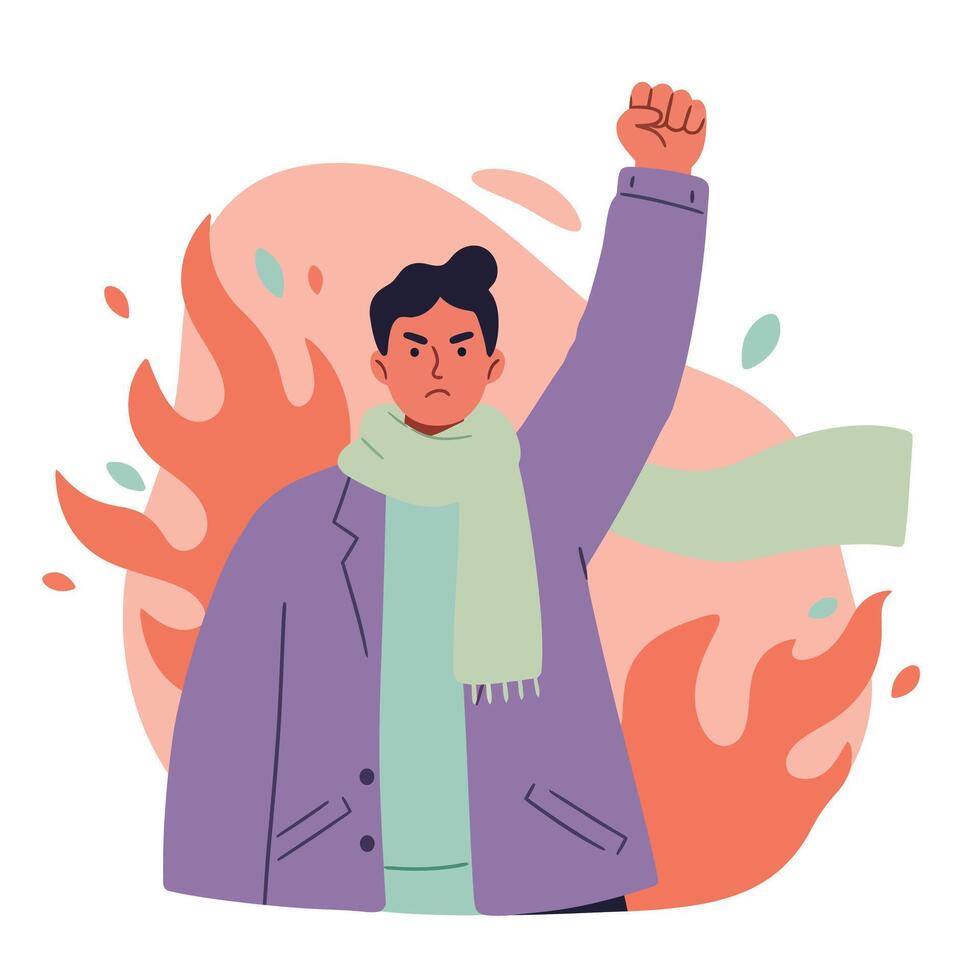 Angry man in purple coat and green scarf raising fist with fire flames background illustration vector