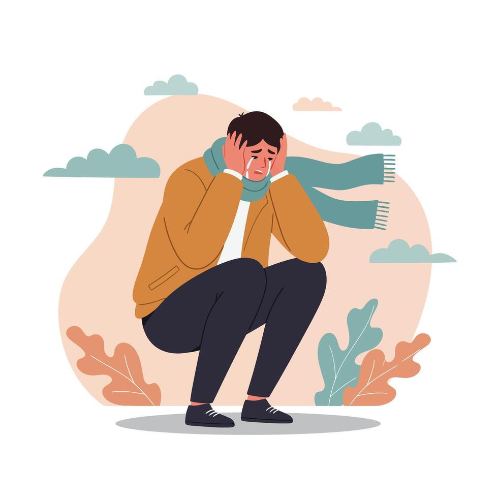 Man feeling cold and sad squatting outdoors with scarf and jacket in autumn nature illustration vector