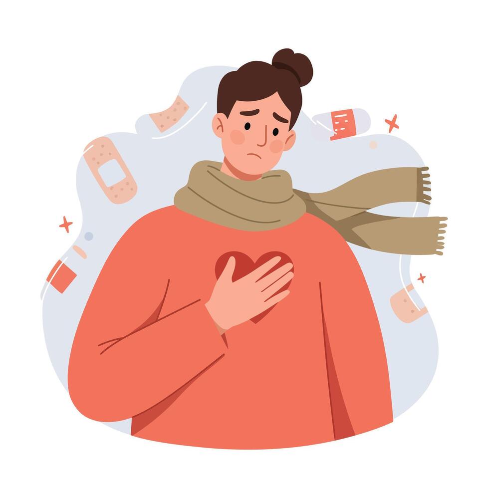 Young person with chest pain and scarf feeling unwell surrounded by bandages and medicine illustration vector