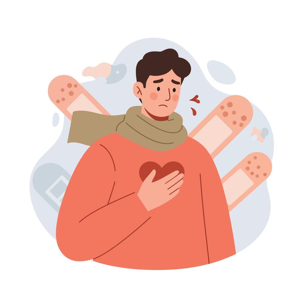 Man with heart pain clutching chest surrounded by bandages and medical symbols illustration vector