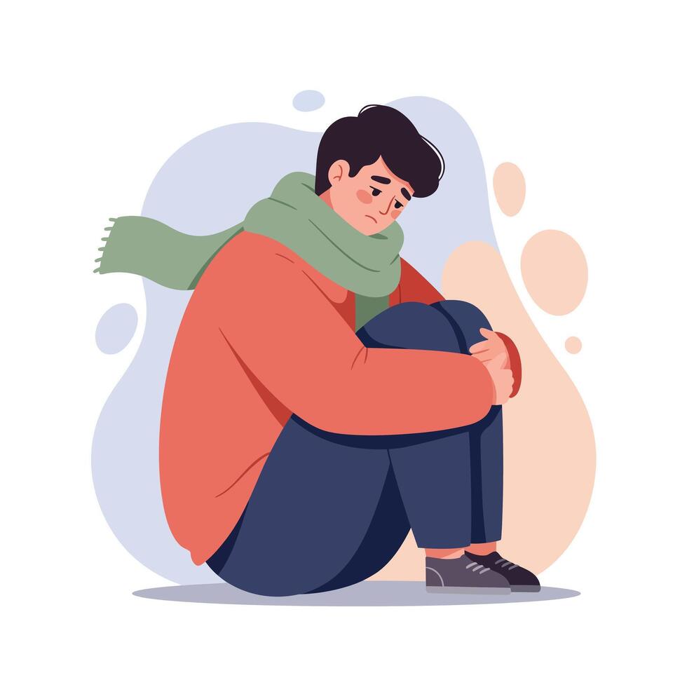 Young man wearing scarf and jacket sitting curled up feeling sad and lonely illustration vector