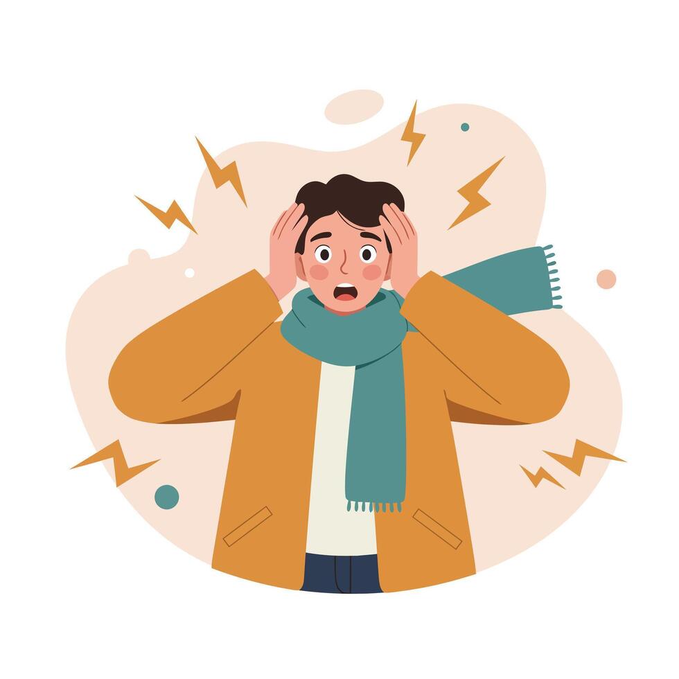 Stressed man in brown coat and teal scarf holding head with anxiety illustration vector