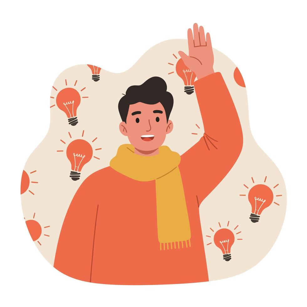 Young man in orange sweater and yellow scarf raising hand with light bulb pattern background illustration vector