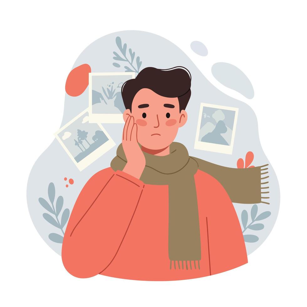 Young man with scarf feeling nostalgic surrounded by photos and plants illustration vector