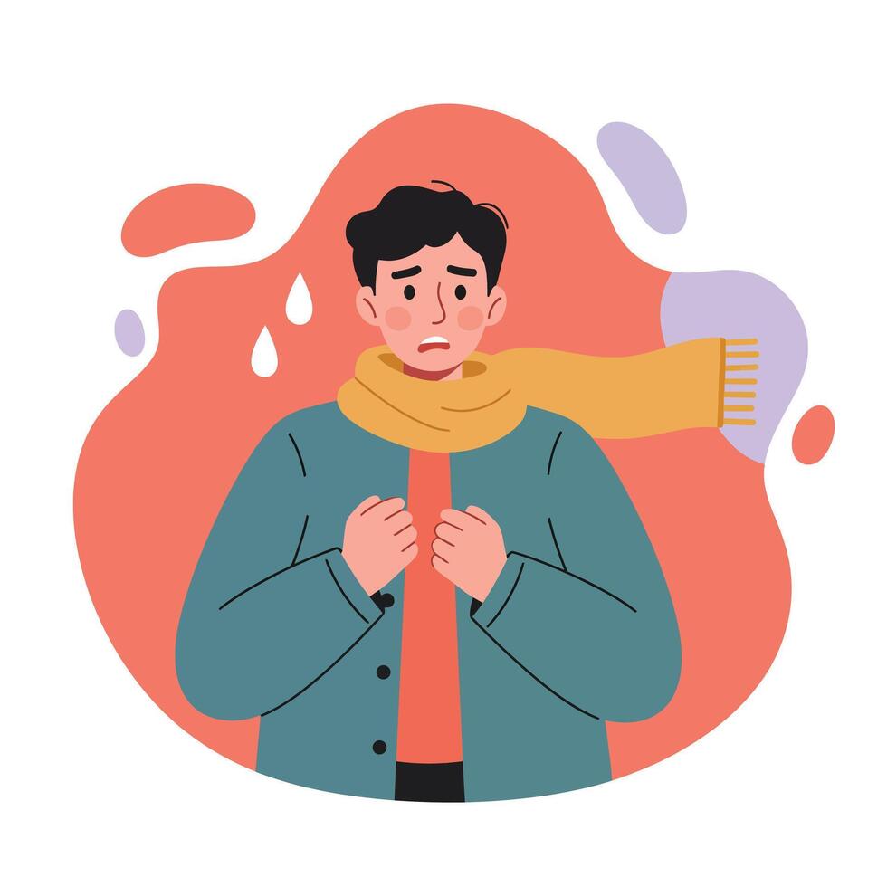 Sick man feeling cold with scarf and jacket illustration of winter season health concern vector