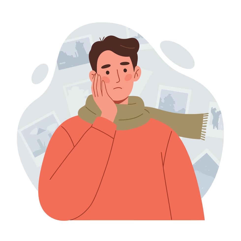 Man in orange sweater with green scarf feeling worried and sad illustration vector