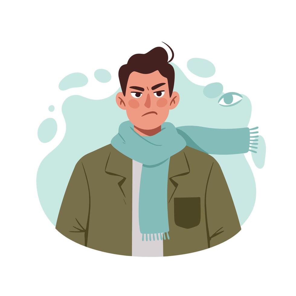 Young man wearing green coat and blue scarf with angry expression illustration in winter style vector