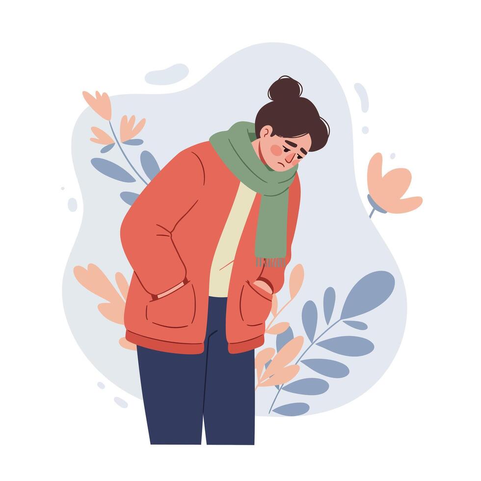 Woman in red jacket and green scarf feeling unwell in autumn outdoor setting with floral background illustration vector