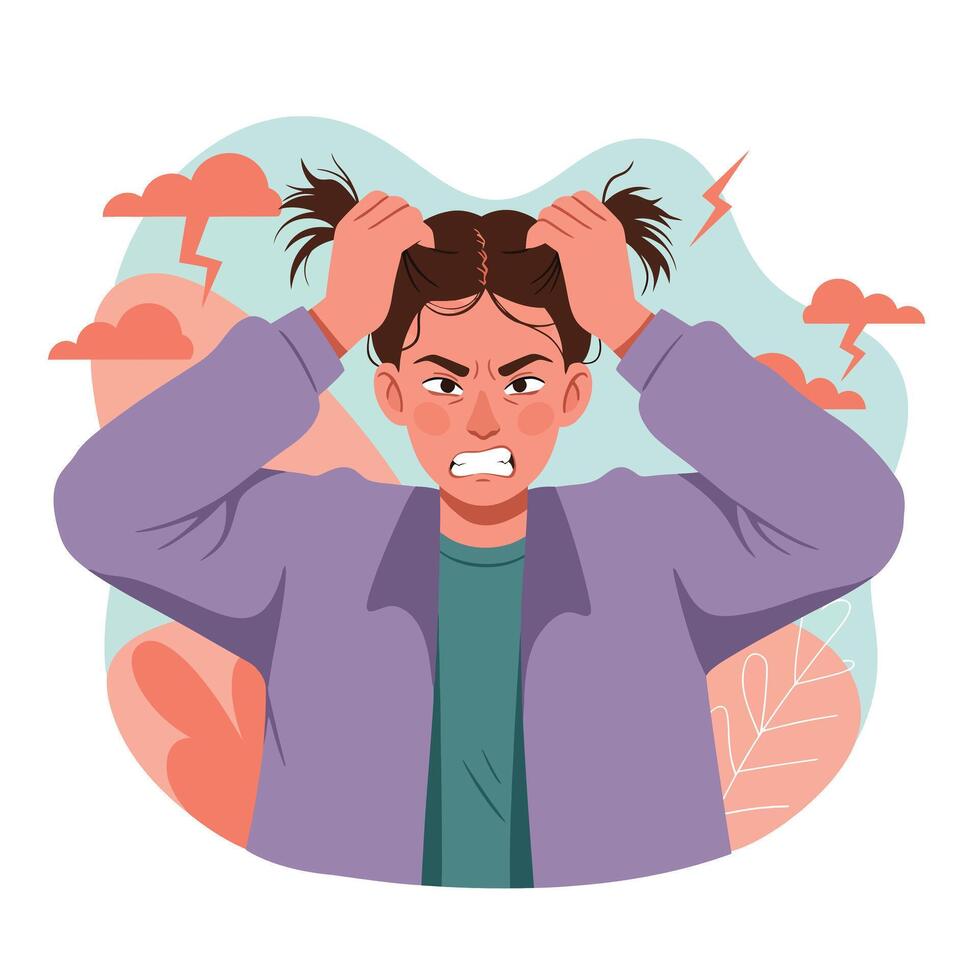 Frustrated woman pulling hair with stormy background and lightning emotion expression illustration vector