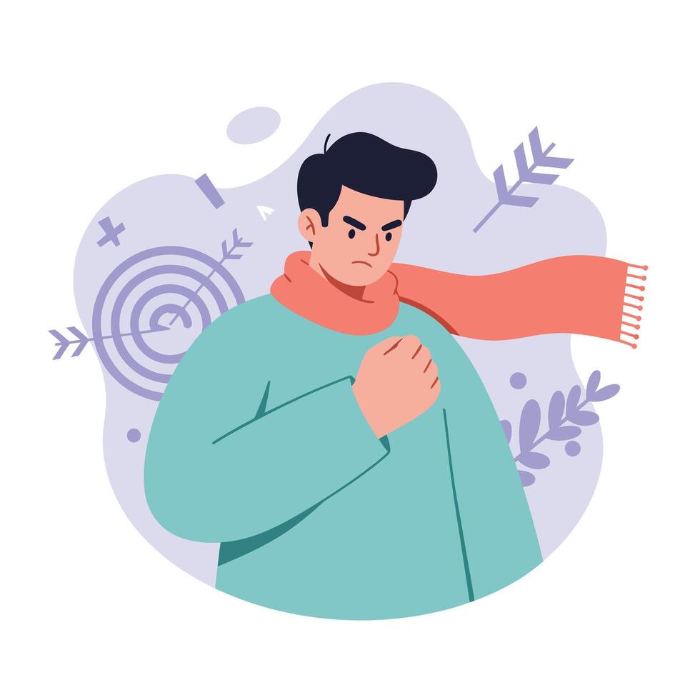 Man with cold symptoms wearing scarf and sweater in winter season illustration vector