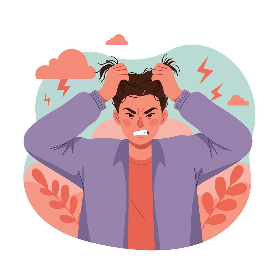 Frustrated young man pulling hair with anger and stress illustration in orange and purple color scheme vector