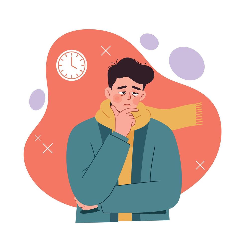 Man wearing scarf feeling worried and thoughtful with clock background illustration vector