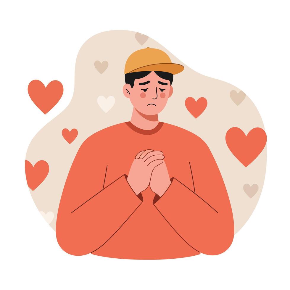 Sad man in orange sweater with clasped hands surrounded by hearts expressing emotional vulnerability and loneliness illustration vector