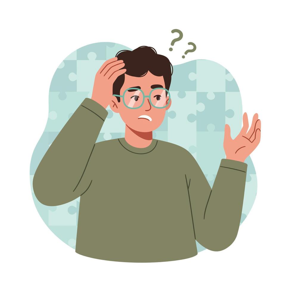 Confused young man with glasses scratching head and question marks expressing doubt illustration vector