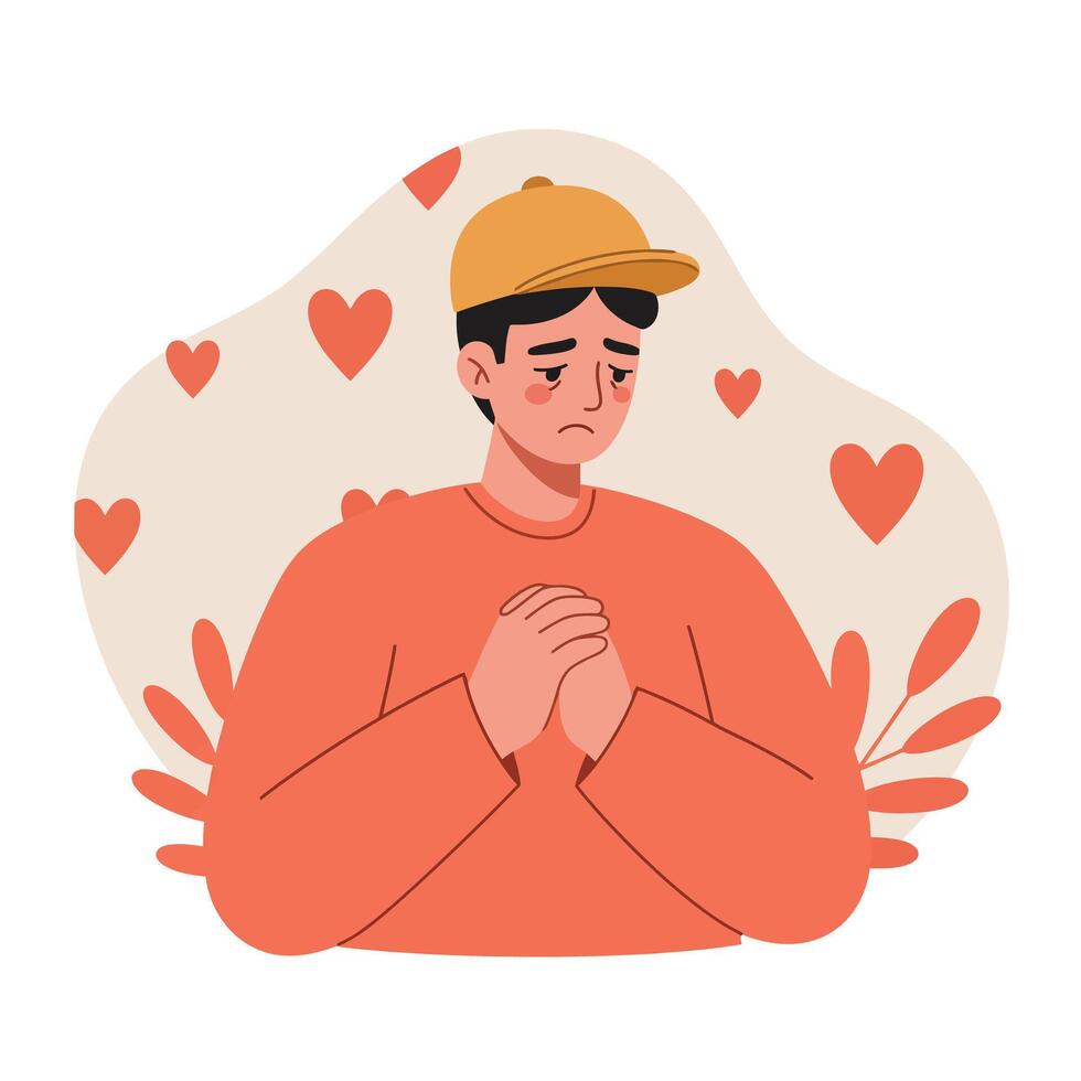 Sad young man wearing cap and orange sweater with heart shapes background expressing emotional loneliness illustration vector