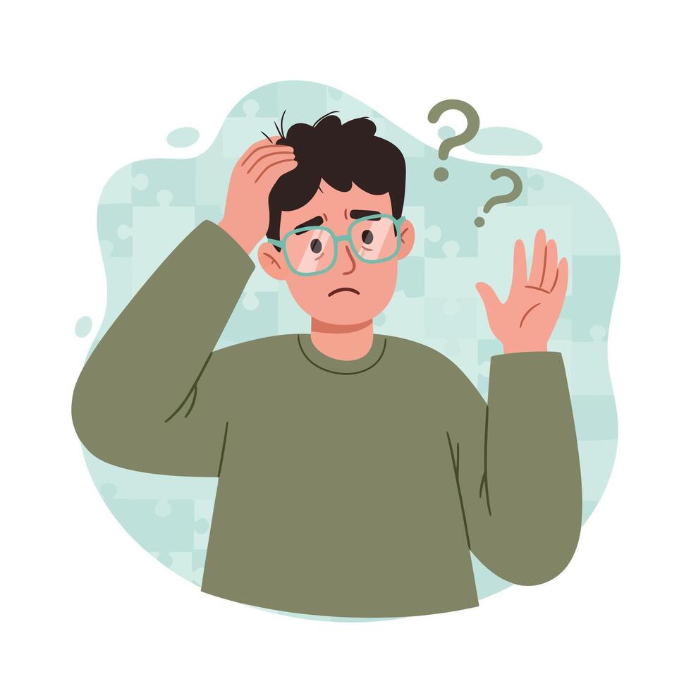 Confused young man scratching head with question marks above illustration of puzzled expression and uncertainty in green sweater vector