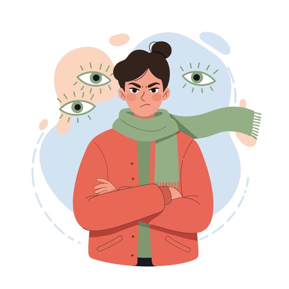 Angry woman in red jacket and green scarf feeling watched and judged by floating eyes illustration vector