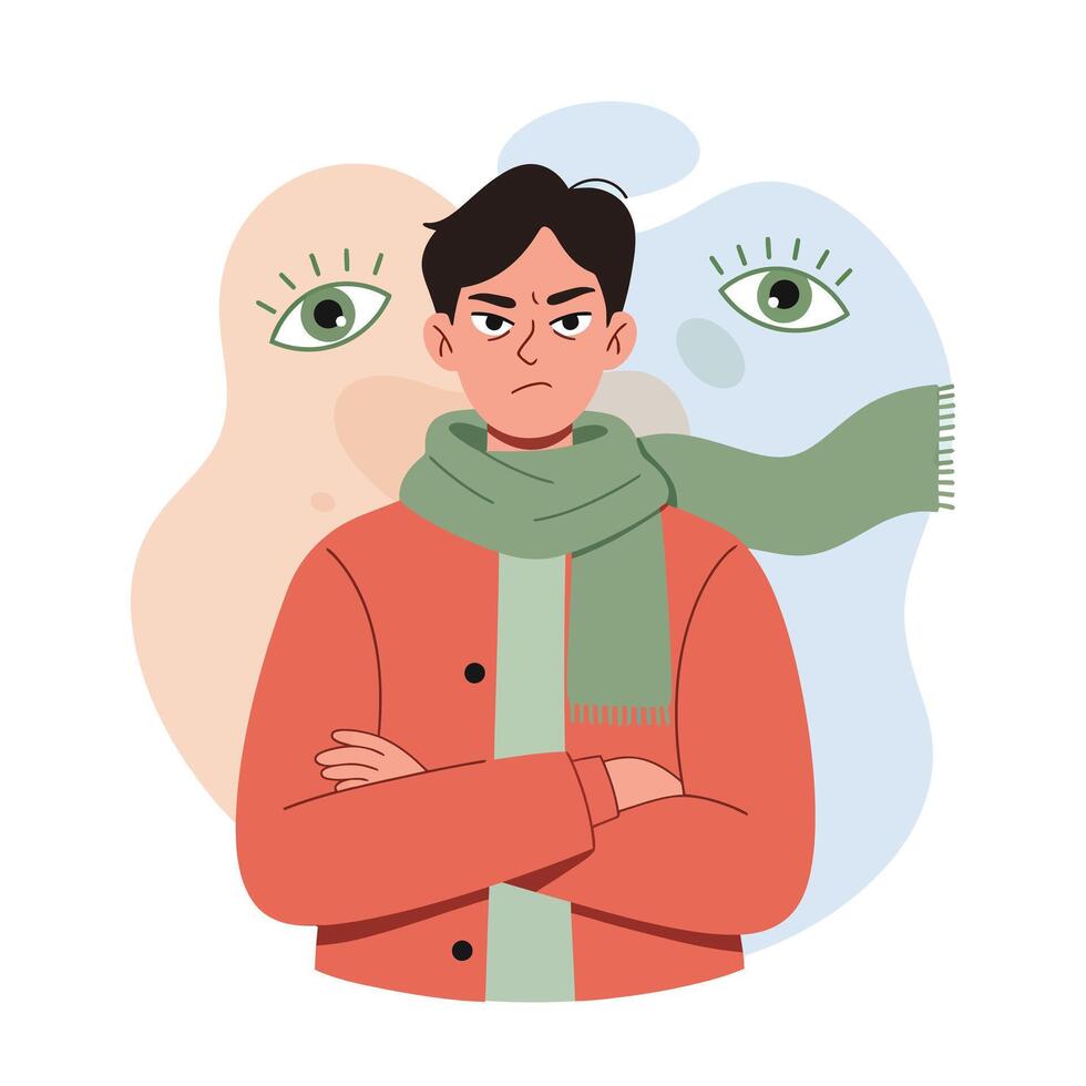 Young man with green scarf expressing anger and crossed arms illustration with abstract eyes background vector