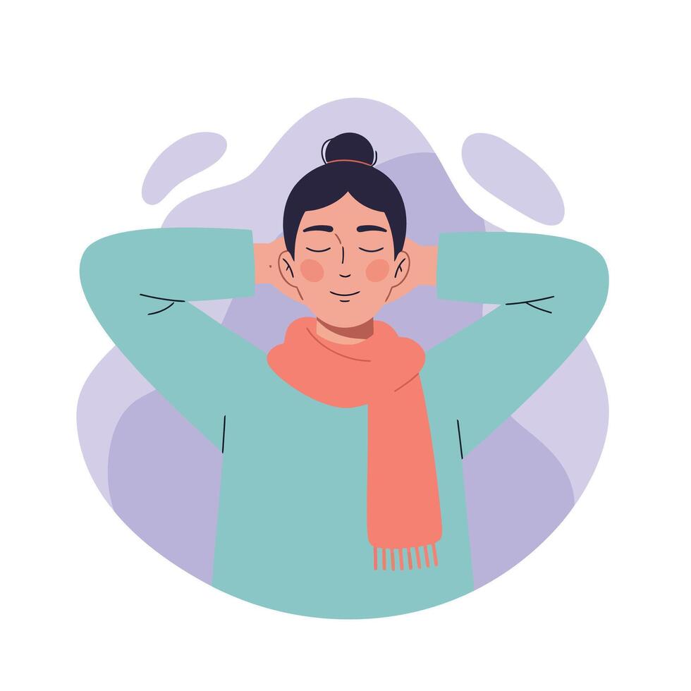 Relaxed young woman with bun hairstyle wearing teal sweater and coral scarf enjoying calm moment illustration vector