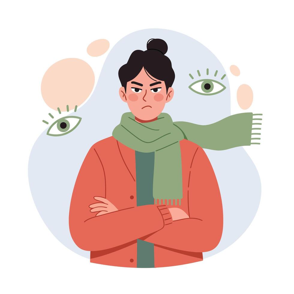Woman with angry expression and crossed arms wearing green scarf and orange jacket with watching eyes illustration vector